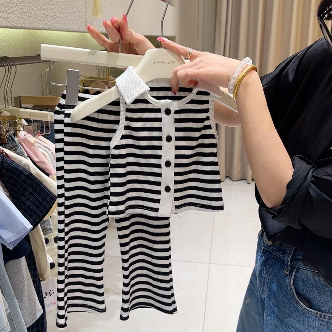 女童装时髦洋气短袖甜酷套装韩版儿童条纹薄款套装