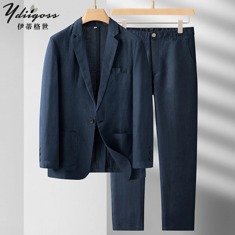 YDIIGOSS亚麻西装套装男夏季薄款商务休闲西服套装男士棉麻外套男