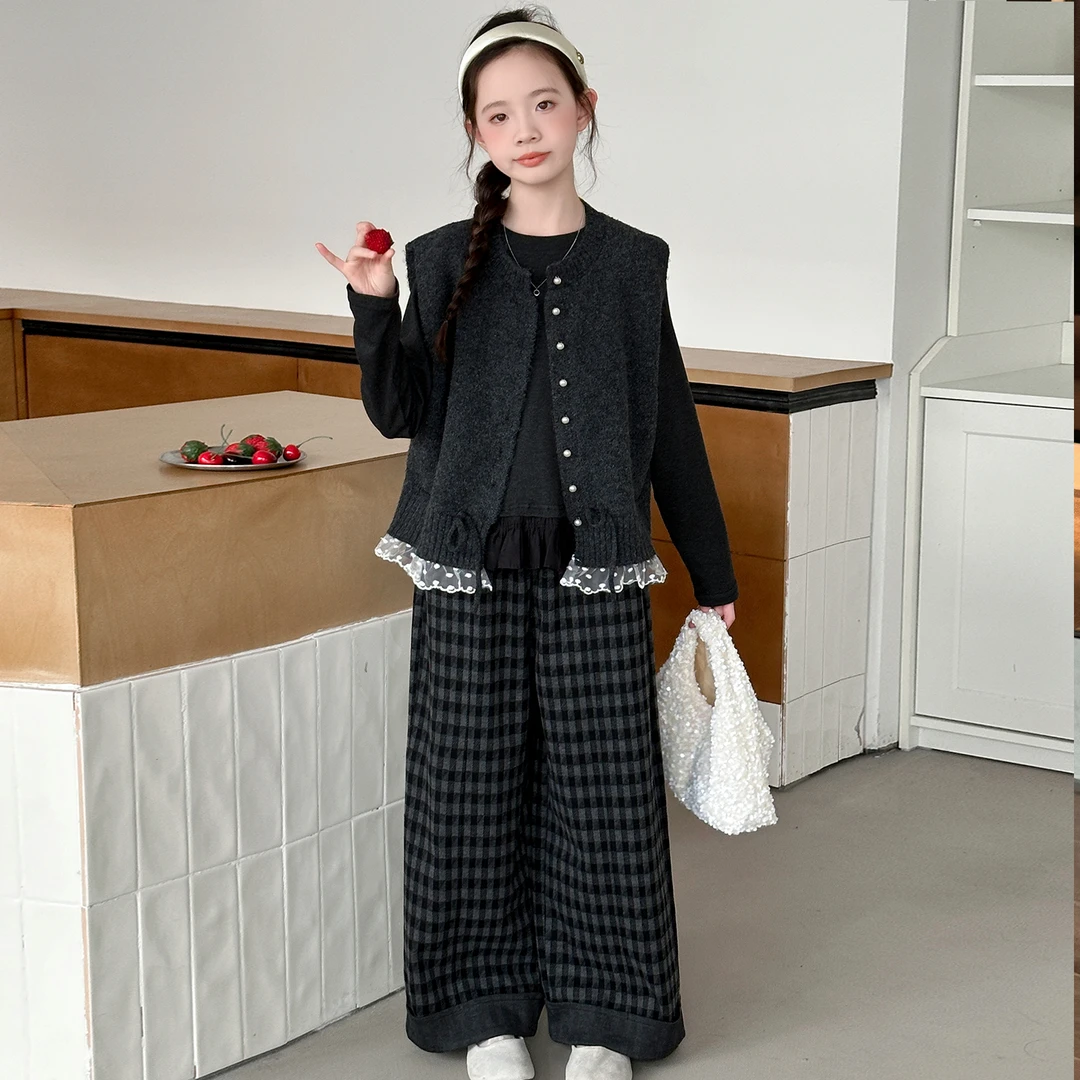 韩版套装气质秋季女童上衣两件套格子裤花边马甲中大童针织洋气潮
