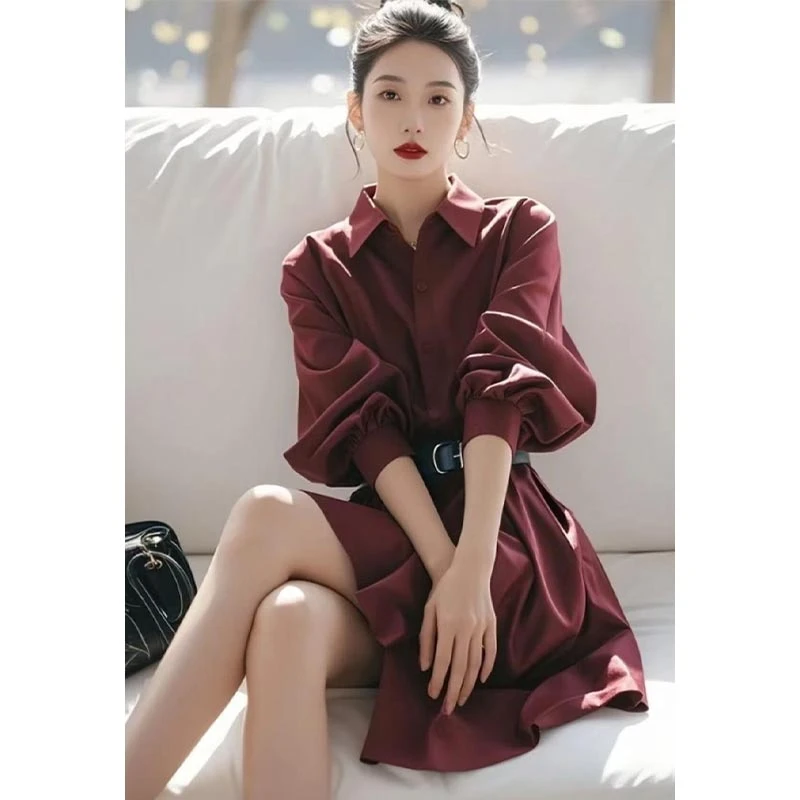 韩版纯色翻领长袖衬衫连衣裙女2025年春秋新款减龄收腰中长款裙子