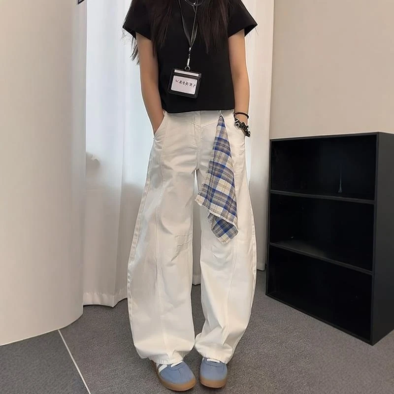 白色腰头纯棉方巾拼接牛仔裤男女夏季美式复古直筒微喇弯刀拖地裤