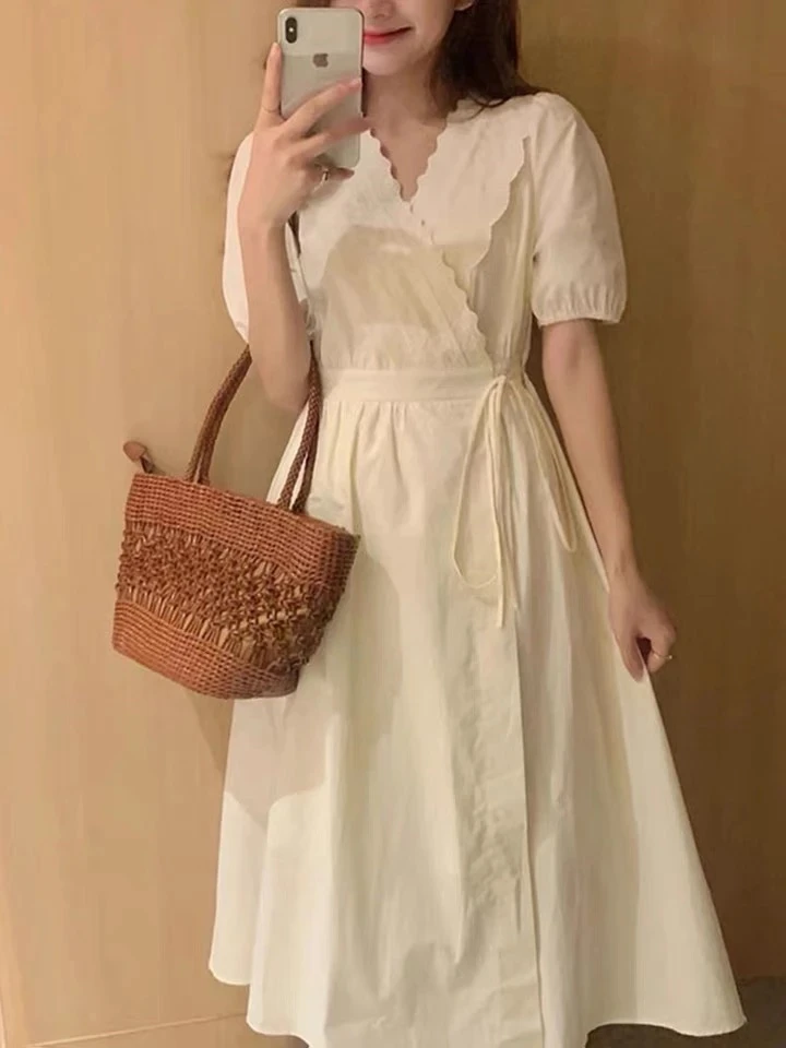 法式夏季V领粉色短款小香连衣裙收腰初恋athflow风