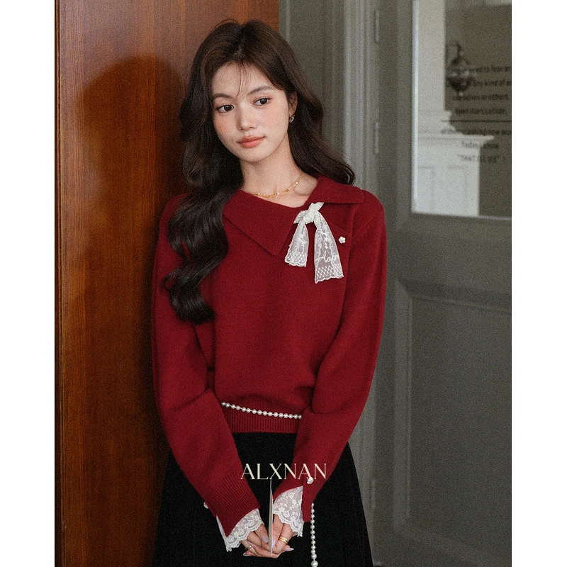 鹿向南「温柔姐系」红色毛衣针织衫秋季新款法式高级长袖女士L57319