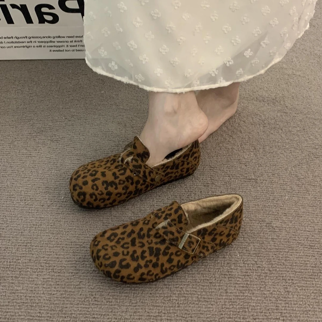 圆头软底豹纹加绒勃肯鞋全包女秋冬外穿丑萌毛毛鞋女一脚蹬棉单鞋