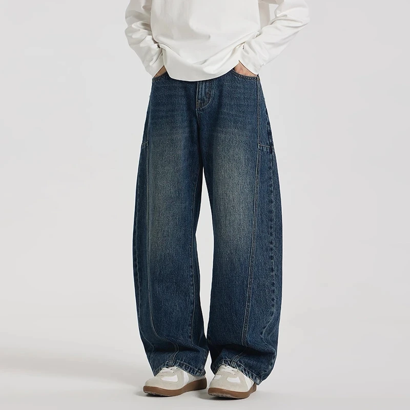 2025秋冬新款美式高街潮牌复古立体剪裁弯刀牛仔裤男女阔腿镰刀裤