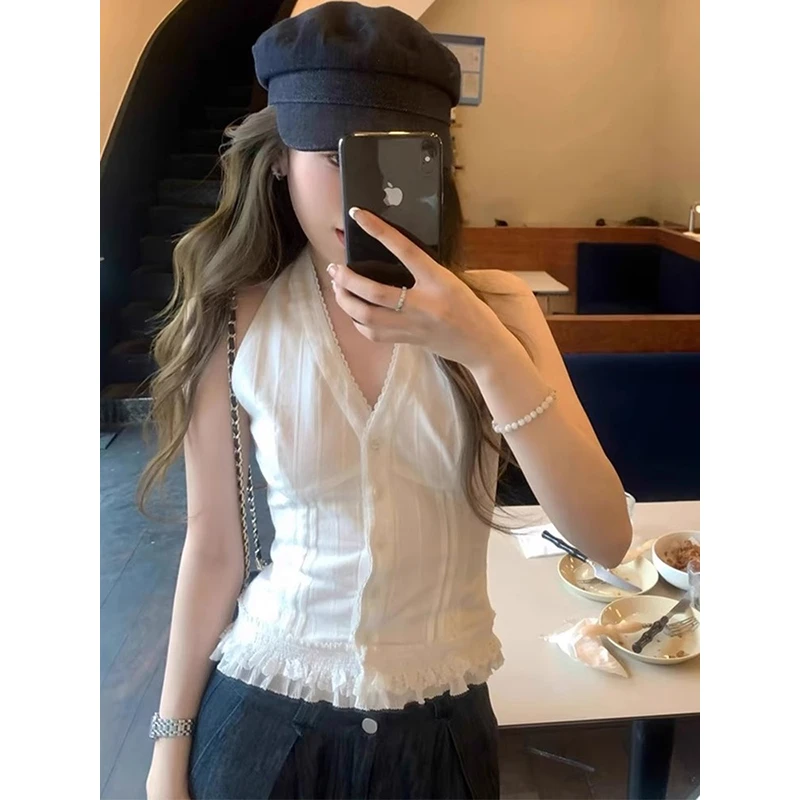 欧若拉白色蕾丝花边v领挂脖背心女2025夏季美式街头辣妹外穿上衣
