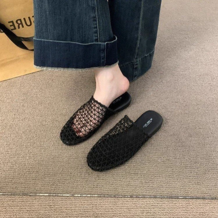 新款夏季休闲凉拖网状纯色法式小众女鞋潮包头渔网鞋子网面拖鞋