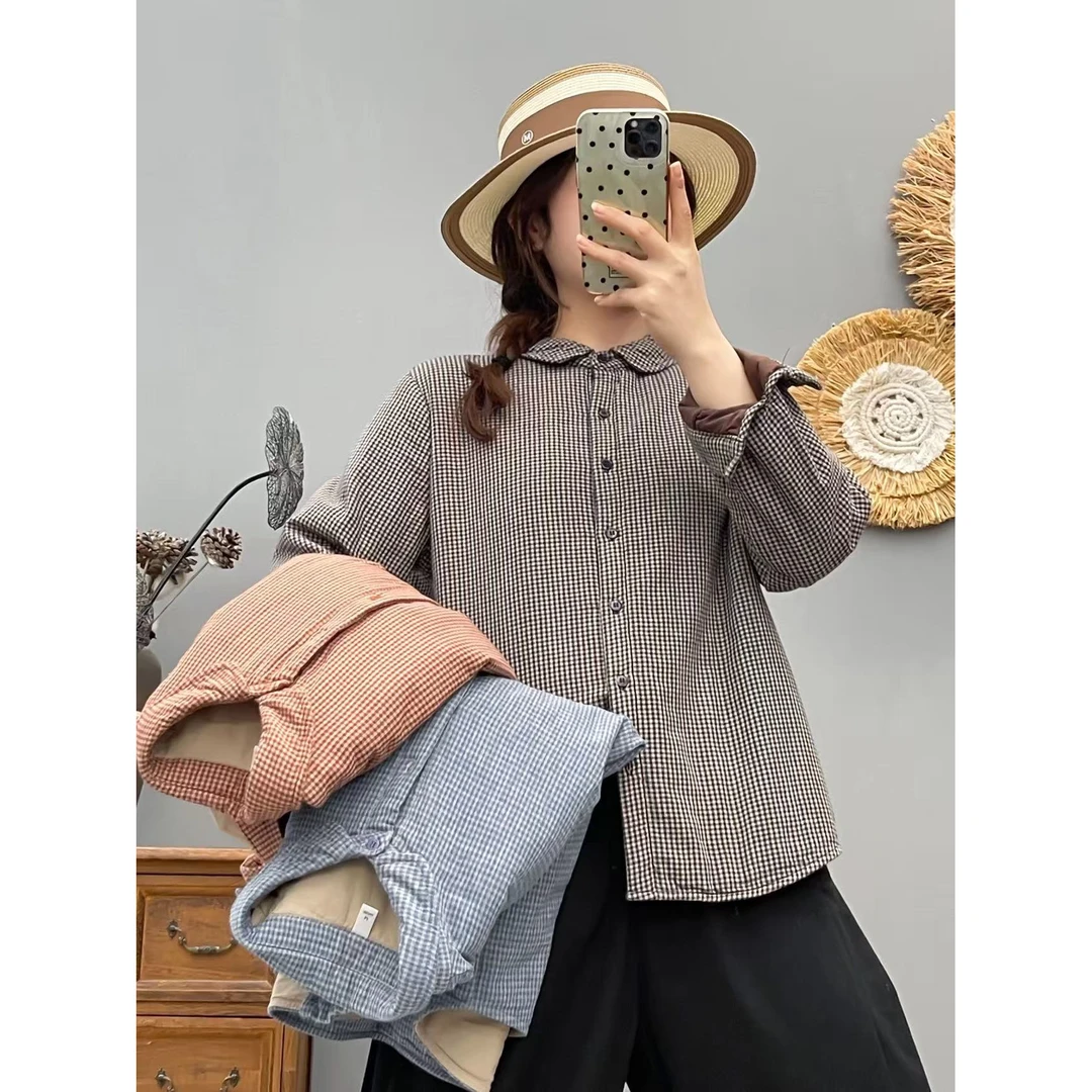 2025冬季新款色织千鸟格夹棉保暖衬衫休闲百搭上衣女86536