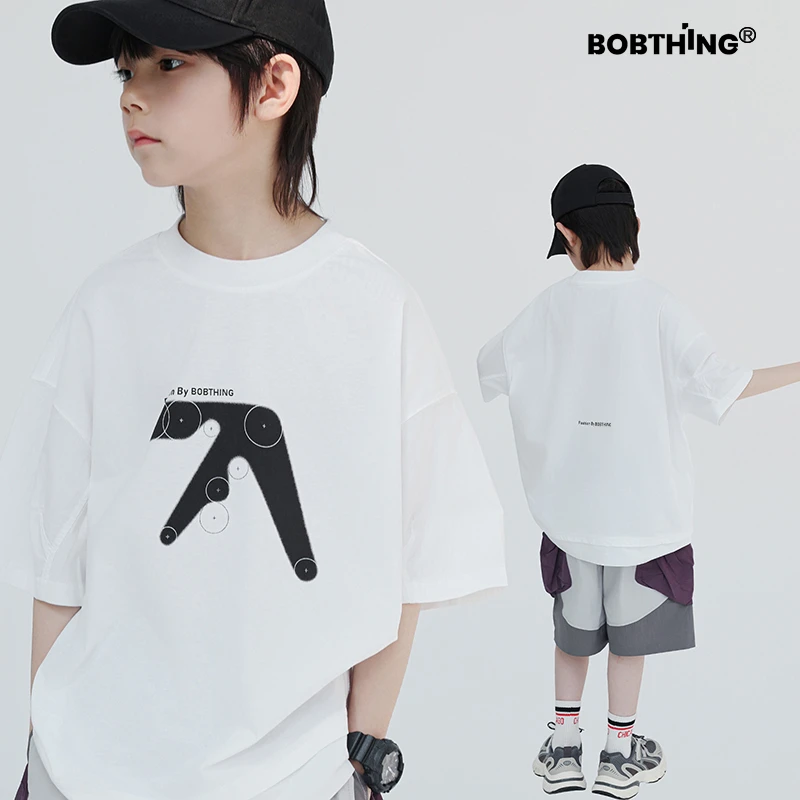 男童夏装2025新款儿童装剪裁假两件T恤衫中大童白色半袖体恤衫