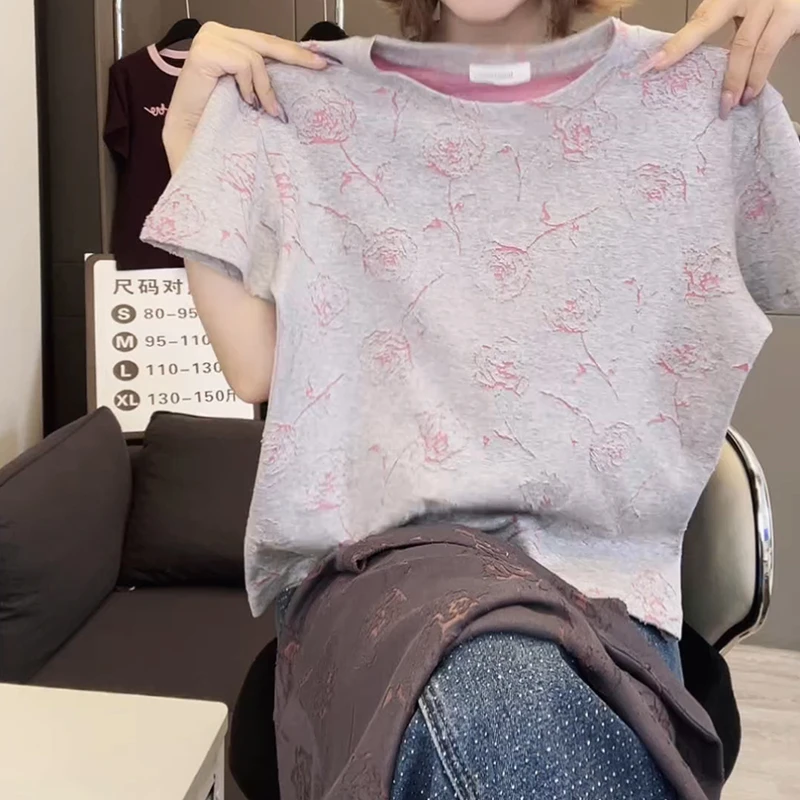 2025早春新款重工欧货玫瑰设计感短袖T恤女修身时尚上衣3030