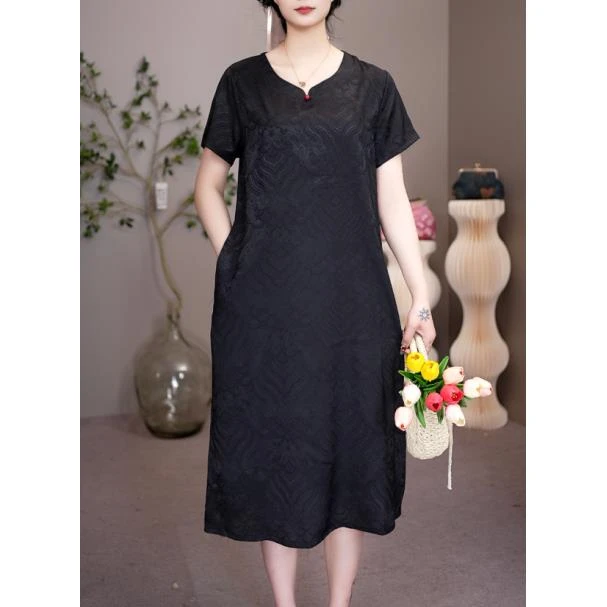 2233【有口袋】  气质花罗直筒遮肚子连衣裙