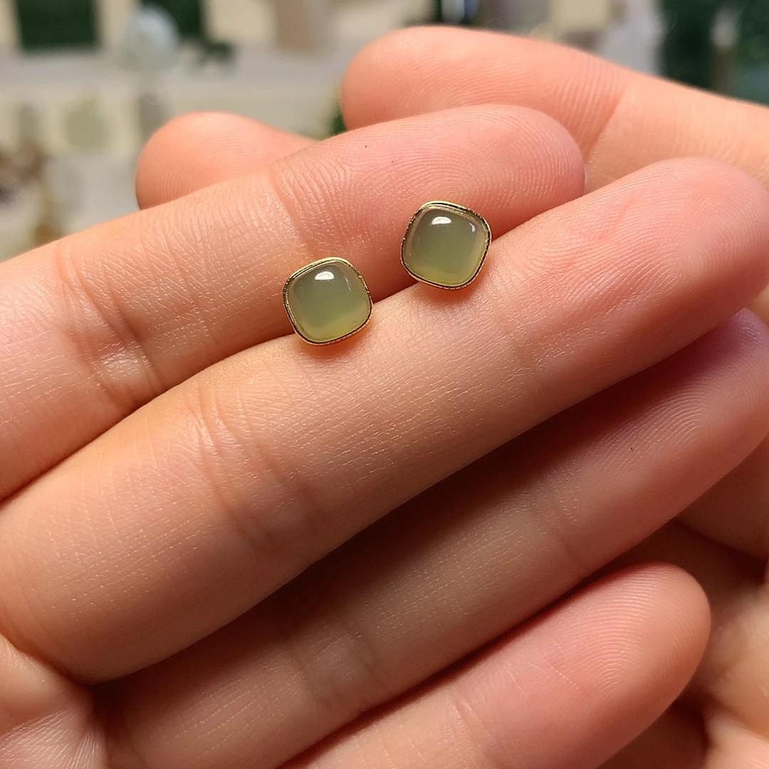 银S925镀金镶嵌和田玉（青白玉）耳饰