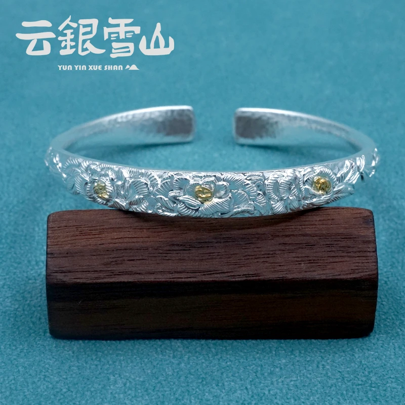 云银雪山 足银手镯 锤纹玫瑰花对口手镯 经典爆款送礼首选 FZ215