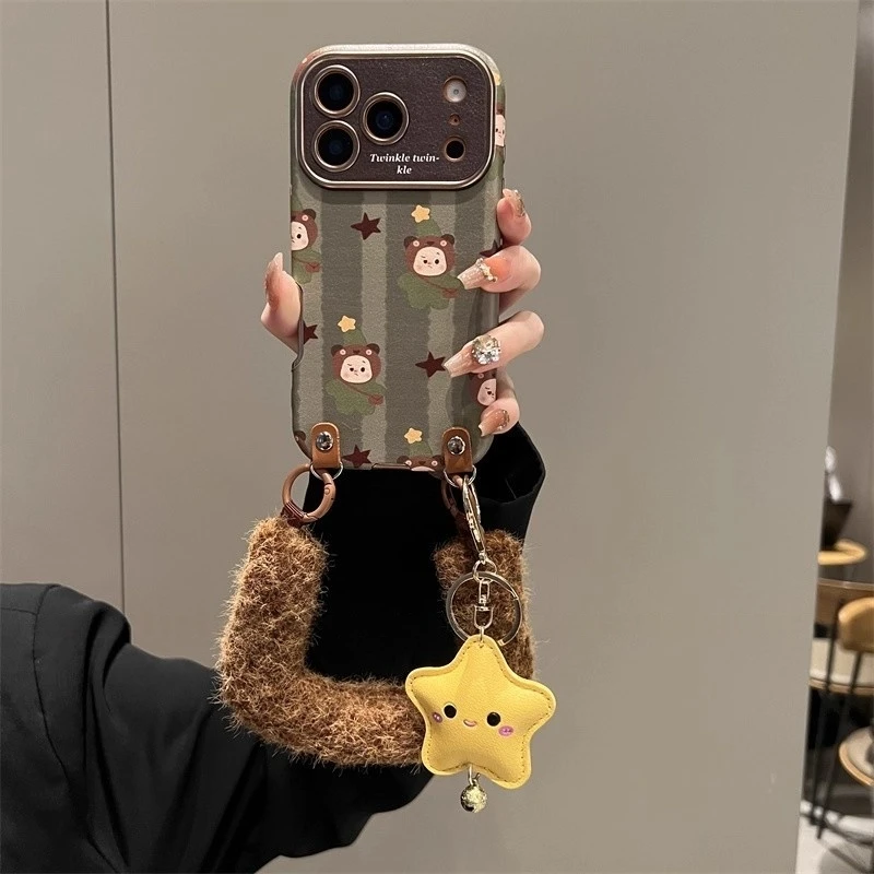 绿棕皮纹星星人毛绒手腕适用iPhone17promax苹果16手机壳15斜挎14