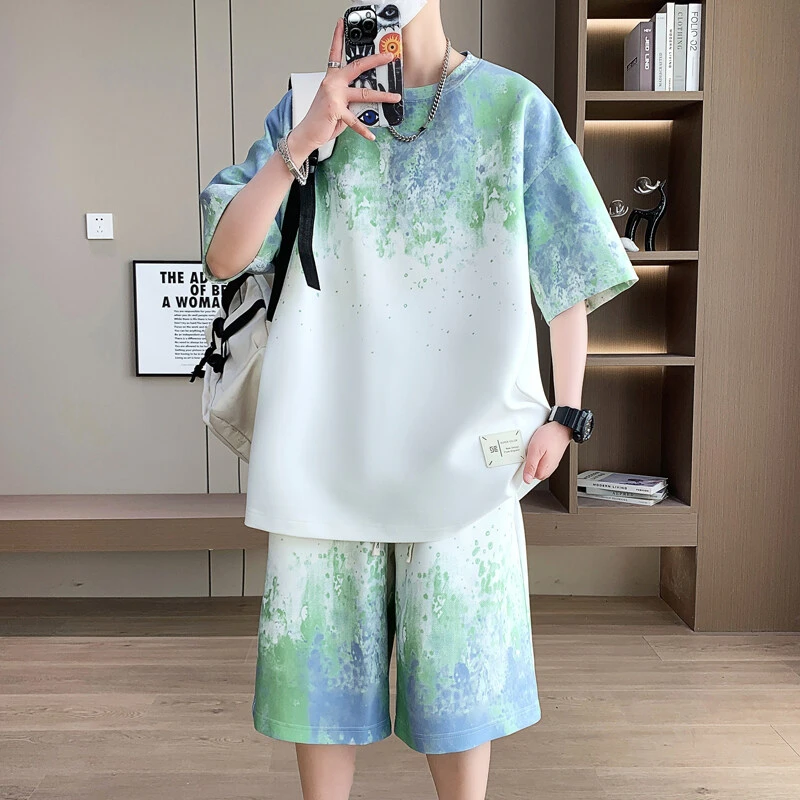 渐变休闲运动套装男夏季冰丝薄款短袖短裤一套搭配帅气青少年衣服