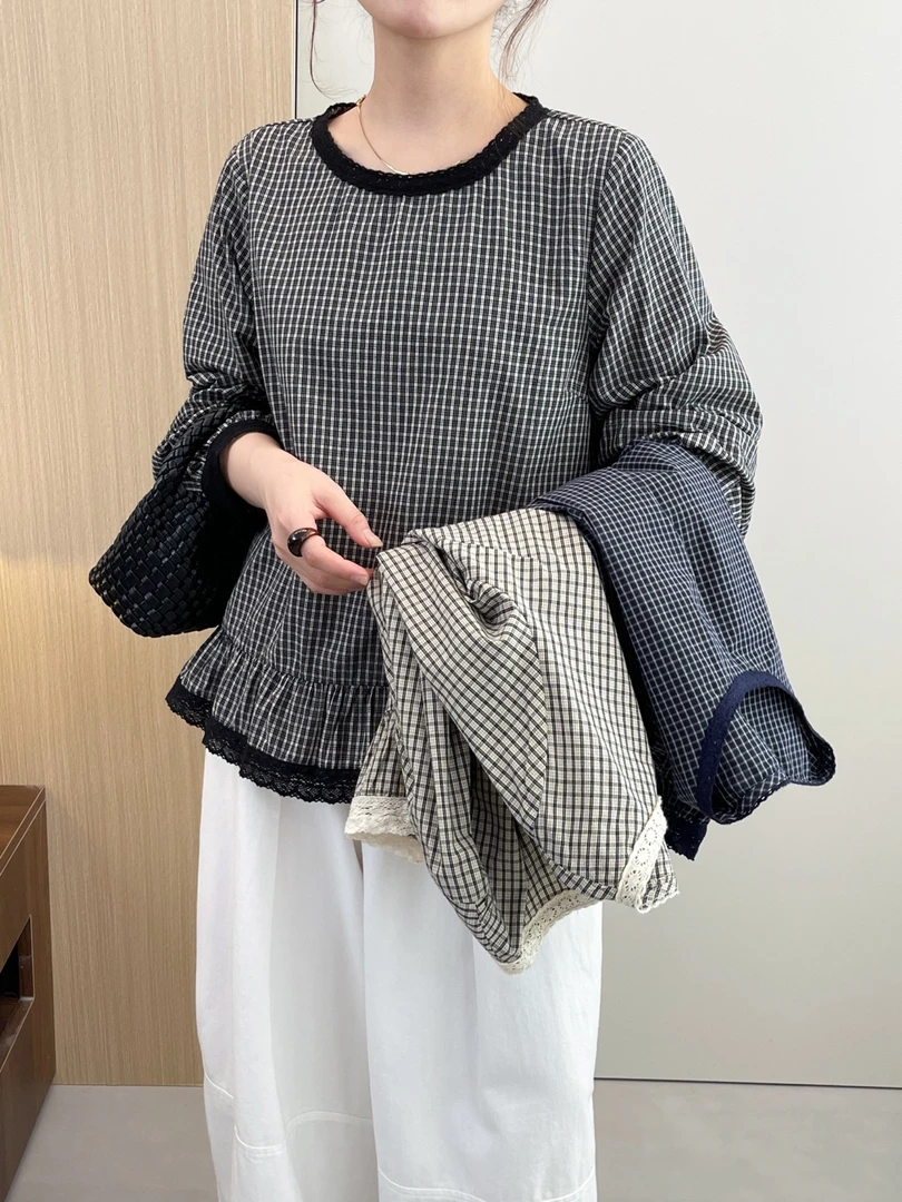 FUJIA STYLE新款气质休闲百搭时尚格纹甜美圆领衬衫C125