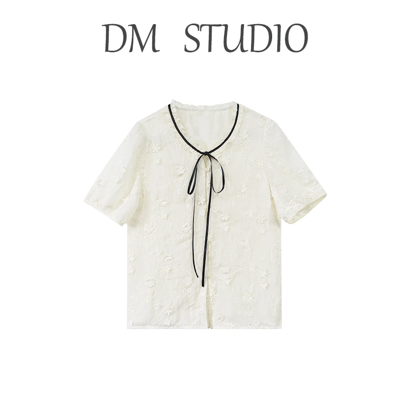 DM20246【云梦少女】夏季领口花边撞色系带甜美气质短款显瘦上衣
