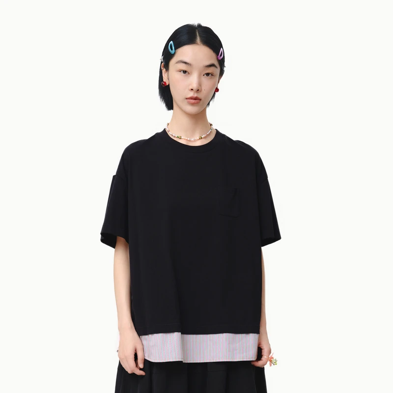 MOVEUP幻走2025夏季新款.FUN圆领贴袋碎褶设计短款T恤女325110563