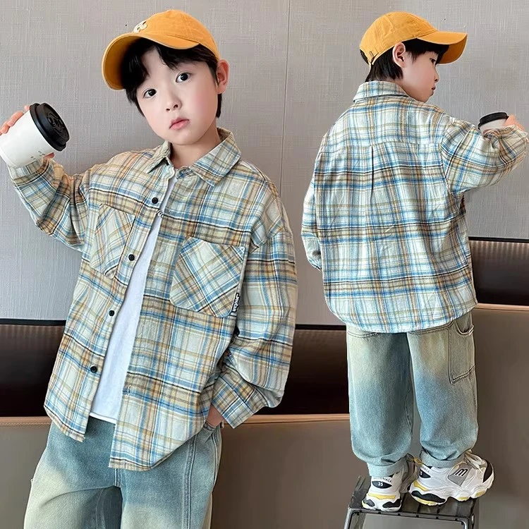 格子男春秋休闲风男孩外穿衬衫春装中大童洋气童装格子衬衫