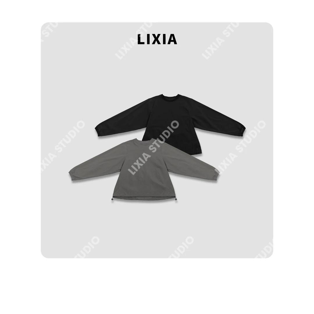 LIXIA【轻衫】休闲风时尚潮流松紧下摆纯色圆领T恤-D8773