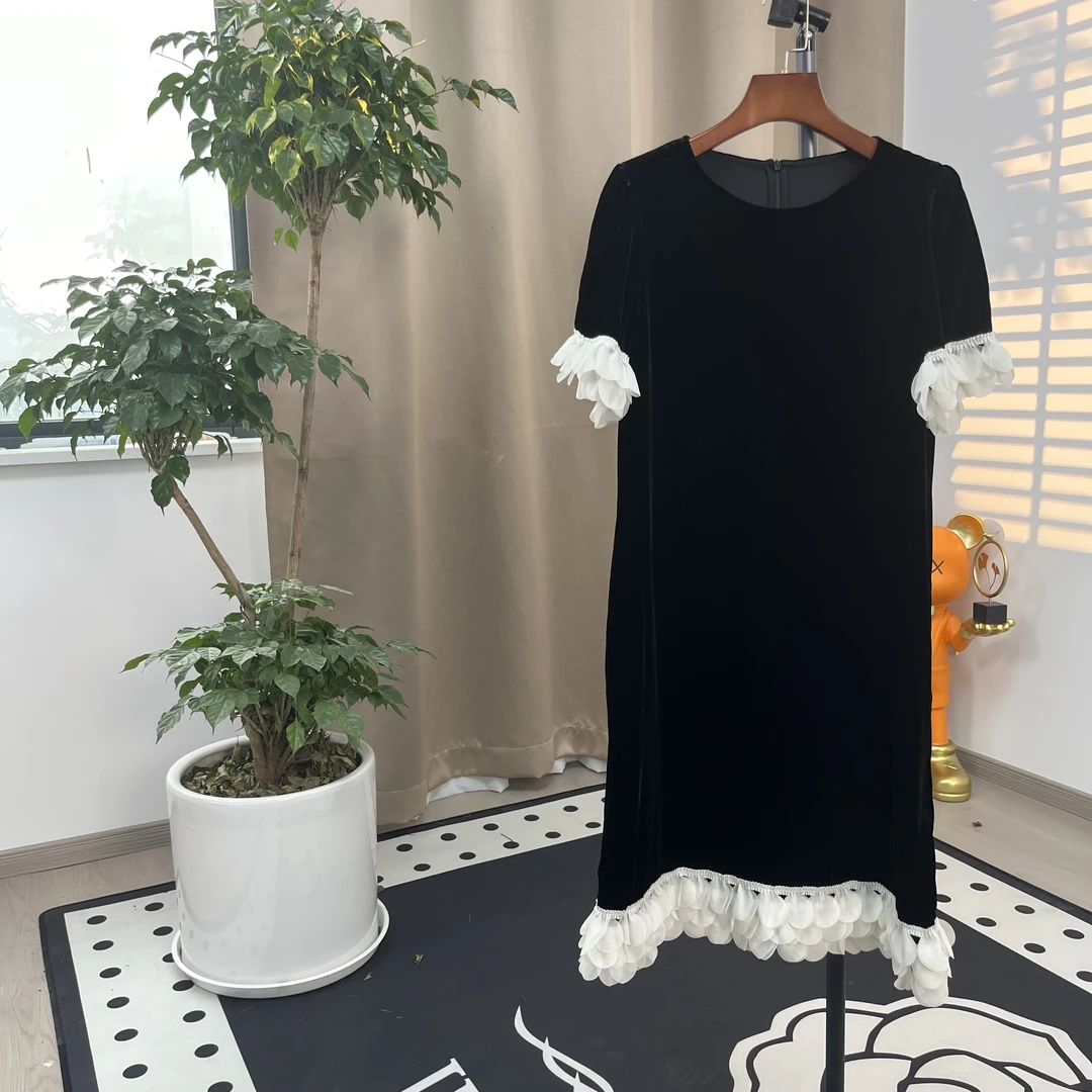 真丝丝绒连衣裙100%桑蚕丝花边