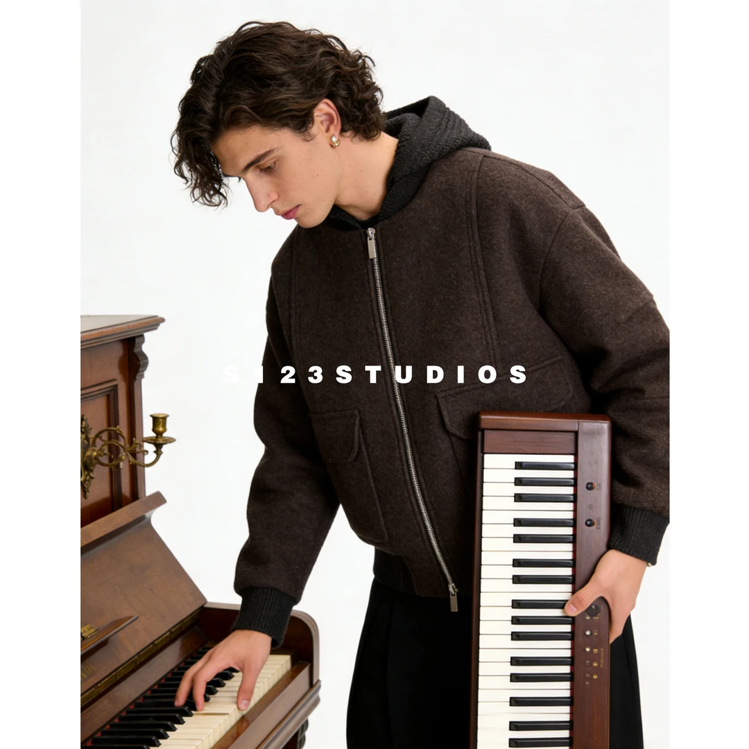 S12390白鸭绒 美式复古解构拼接设计连帽羽绒服冬季保暖情侣外套