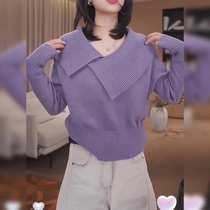 时尚设计感交叉领百搭针织衫女秋冬新款高级感纯色气质针织毛衣