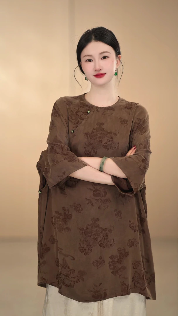 「琥珀色」铜氨丝新中式时尚薄款唐装气质小衫宽松中长款圆领国风