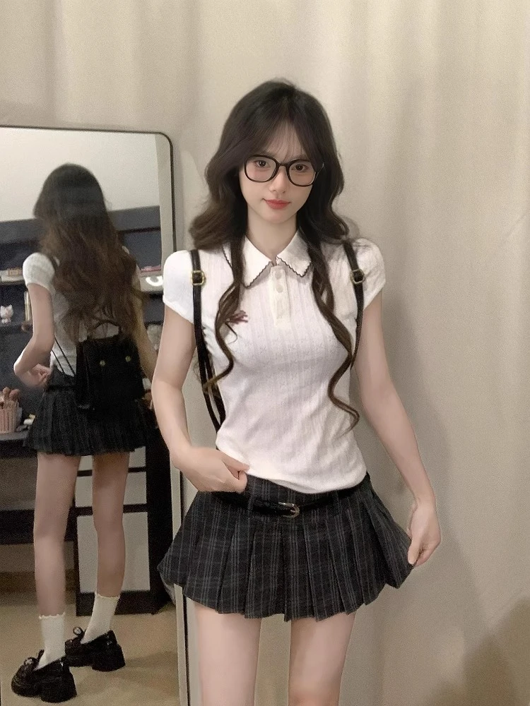 夏季修身Polo领短袖上衣女新款小个子辣妹风格子百褶短裙两件套装