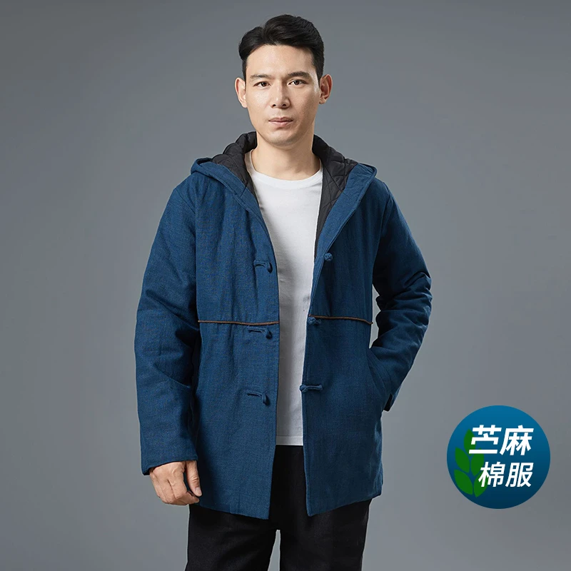苎麻棉衣男士款2025新款爆款中国风冬季棉服外套连帽中长款棉袄厚