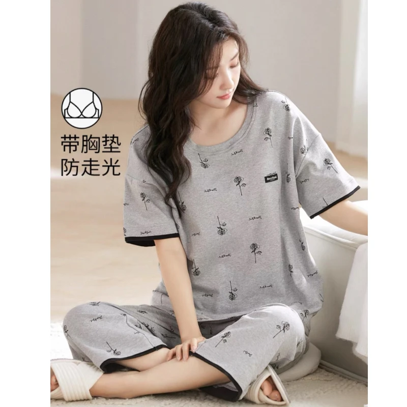 胸垫版睡衣女夏季纯棉短袖七分裤时尚可外穿家居服套装（字母玫瑰）