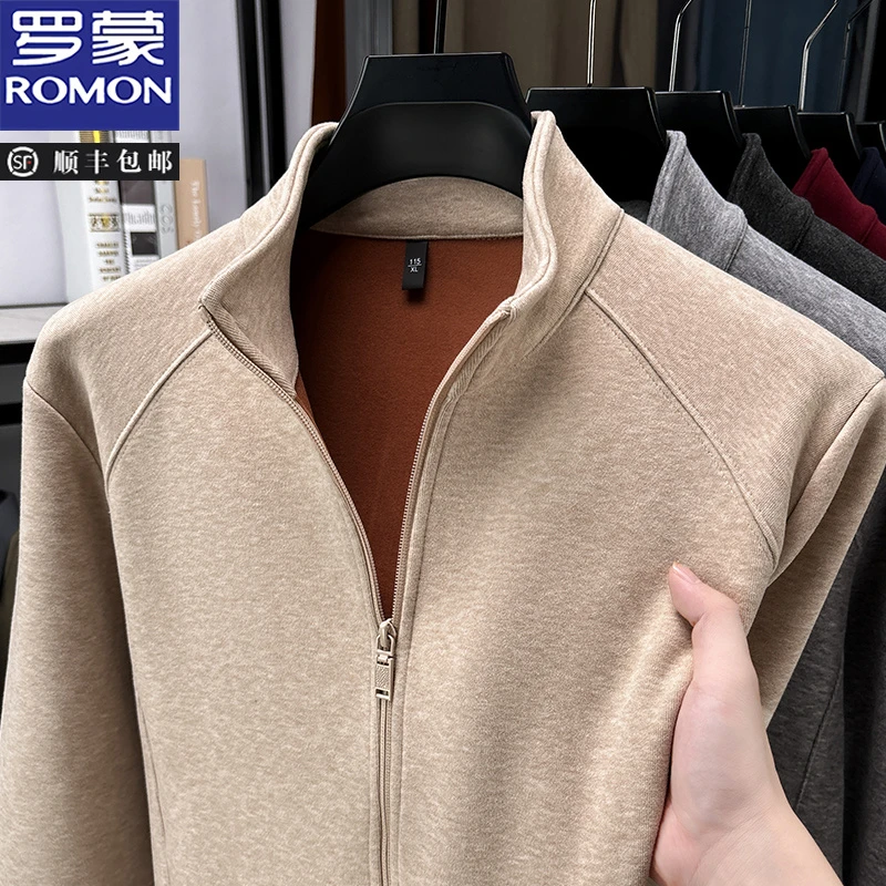 罗蒙男士秋冬季立领休闲拉链开衫外套加绒加厚保暖时尚简约夹克