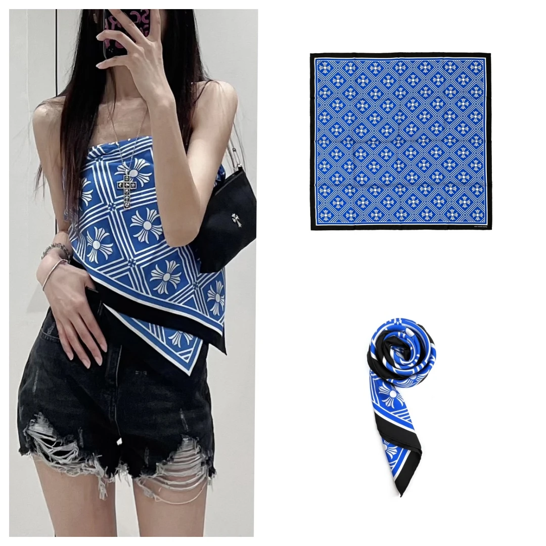 Chrome Hearts 克罗心 格纹满十字真丝方巾 丝巾 抹胸 蓝色