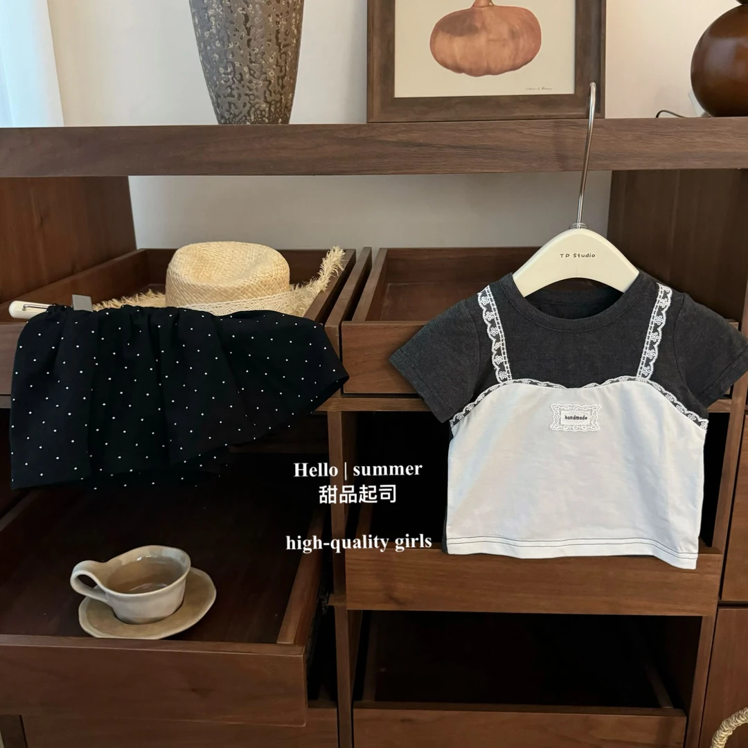 【甜品起司】格蕾系！女宝宝蕾丝背心短袖假两件波点短裤洋气套装潮