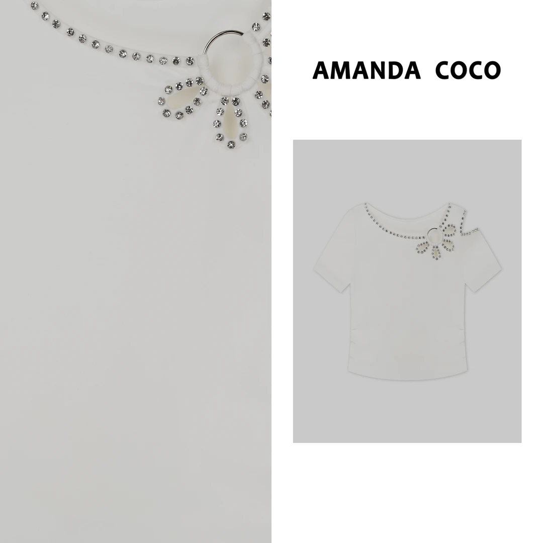 AMANDACOCO茜茜丨悠悠夏日～高定镶钻设计感花朵镂空气质短袖T恤