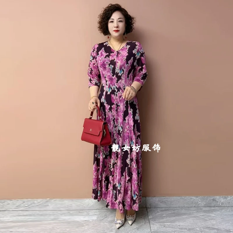 冰麻洋气长裙夏季新款收腰显瘦遮肚中长裙气质妈妈短袖V领连衣裙