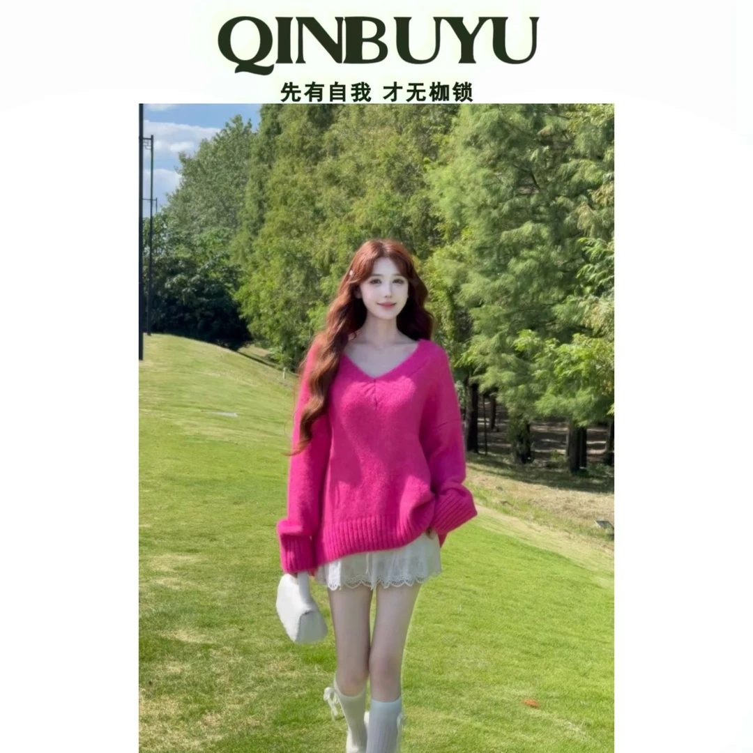 【秦不语专属】【怦然心动】V领纯色慵懒风毛衣宽松显瘦版JFTL5004