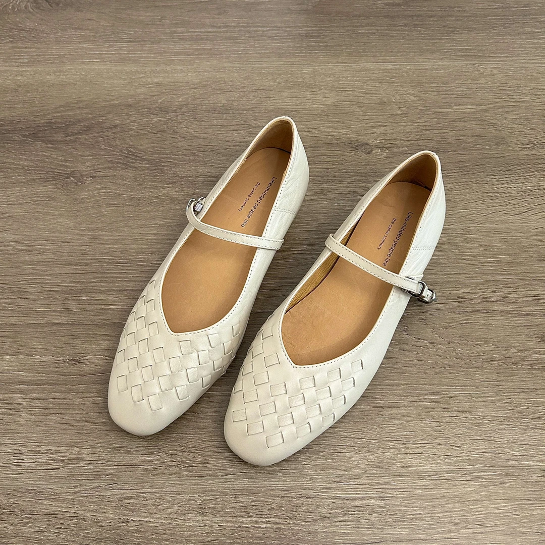 小羊皮~法式复古手工编织内增高玛丽珍鞋女夏季一字扣带浅口单鞋