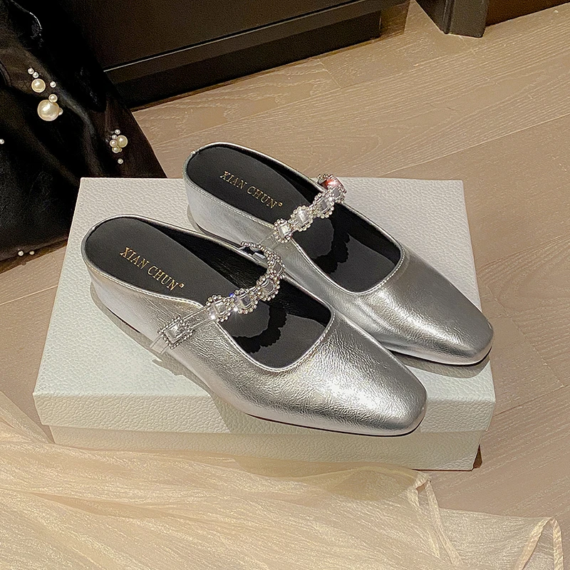 【小个子女鞋】小码女鞋2025夏新款包头半拖鞋外穿时尚方头一字钻带