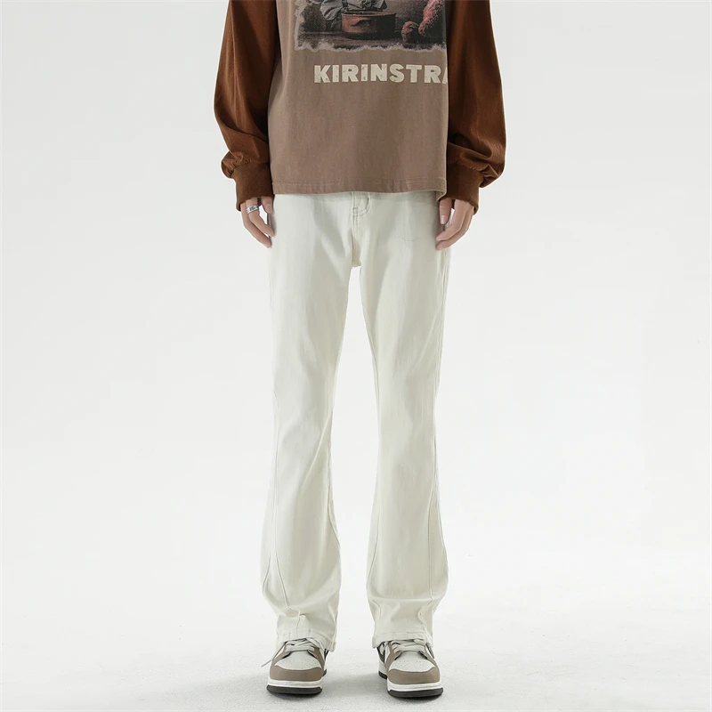 Dounkol懂酷美式街头感白色微喇牛仔裤男潮牌修身弹力休闲长裤