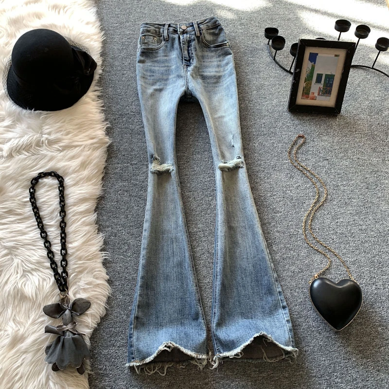 浅蓝色破洞微喇牛仔裤女春夏季新款高腰水洗显瘦直筒裤毛边马蹄裤