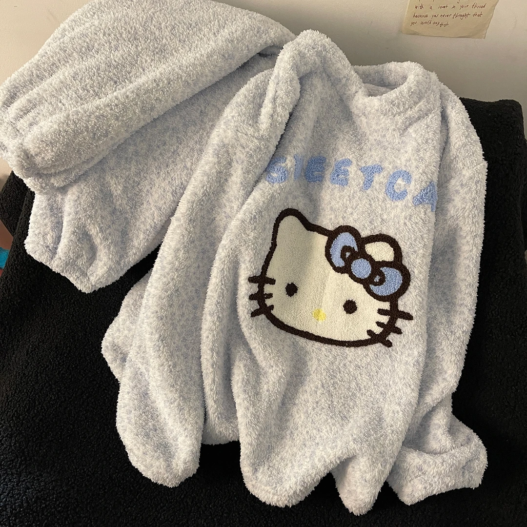 蓝色可爱猫咪睡衣女冬季加绒加厚保暖半边绒韩系网红珊瑚绒家居服