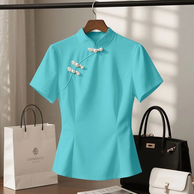 夏季2025爆款新中式轻国风收腰显瘦旗袍上衣轻奢高级感短袖T恤女