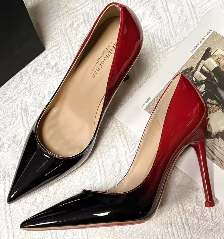 2025新款黑红渐变性感法式尖头浅口御姐宴会气质高级感女高跟鞋