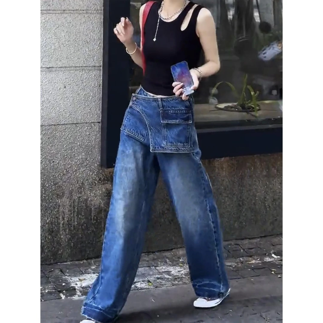 大码阔腿牛仔裤女秋季2025新款胖mm显瘦宽松美式高街复古直筒裤子