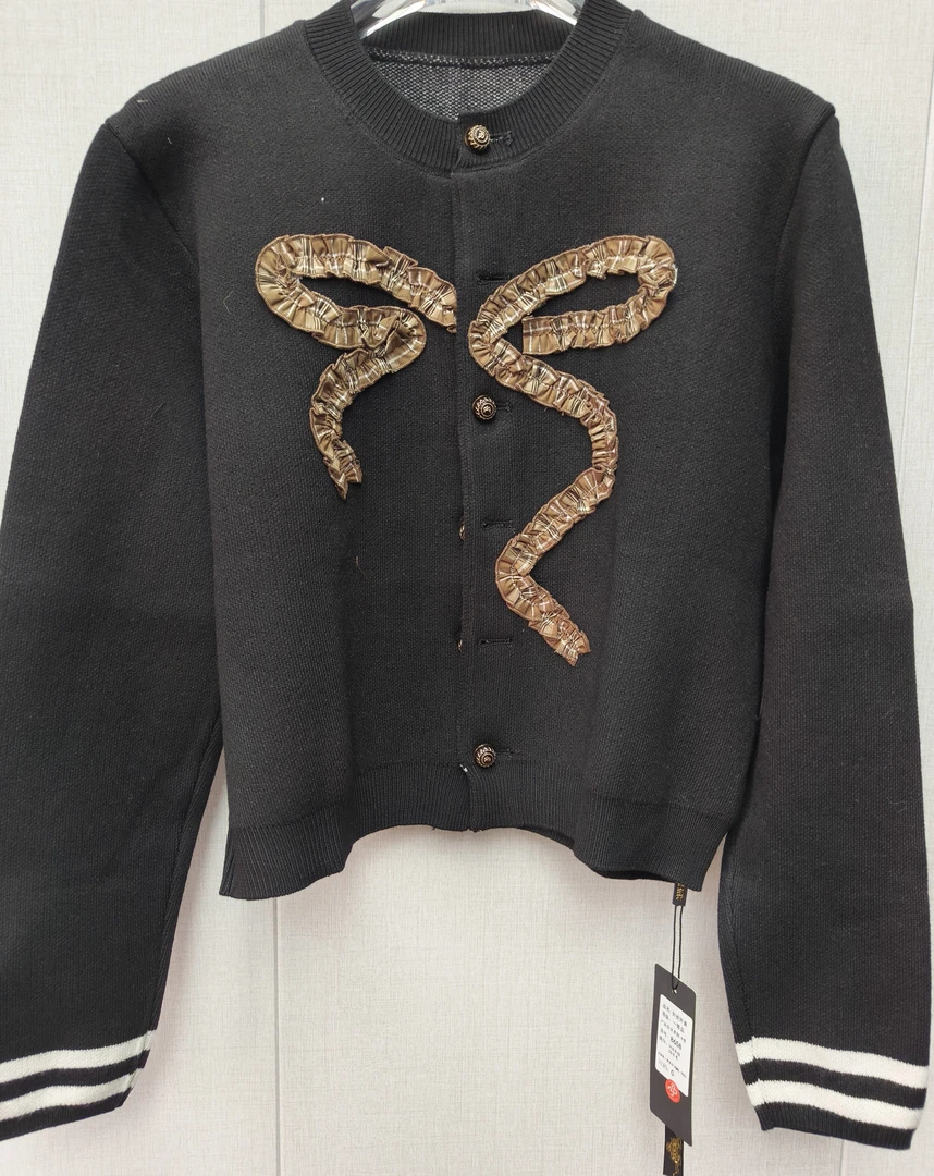 圆领蝴蝶结亮片设计感针织开衫秋季韩系百搭长袖毛衣外套