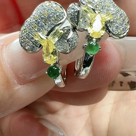 翡翠耳饰银S925镶嵌天然缅甸A货翡翠