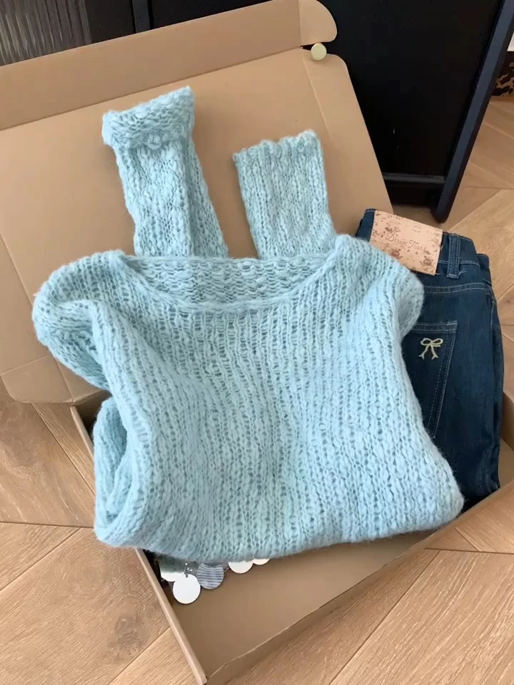 蓝色镂空轻薄圆领长袖针织衫女2025新款韩系氛围感早秋穿搭小上衣