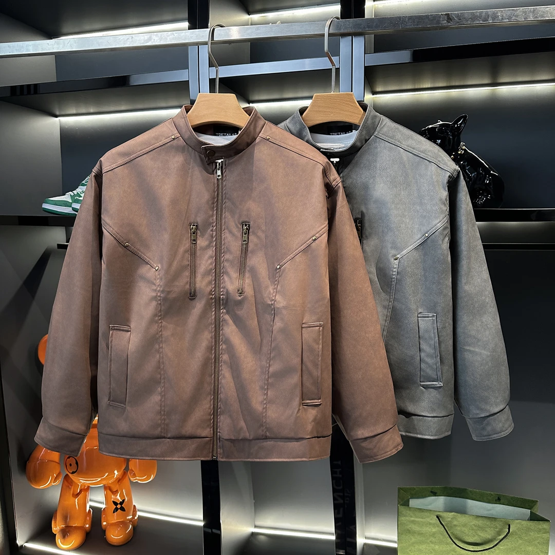 咖色立领机车皮衣外套男网红痞帅高级感爆款美式复古短款秋季夹克