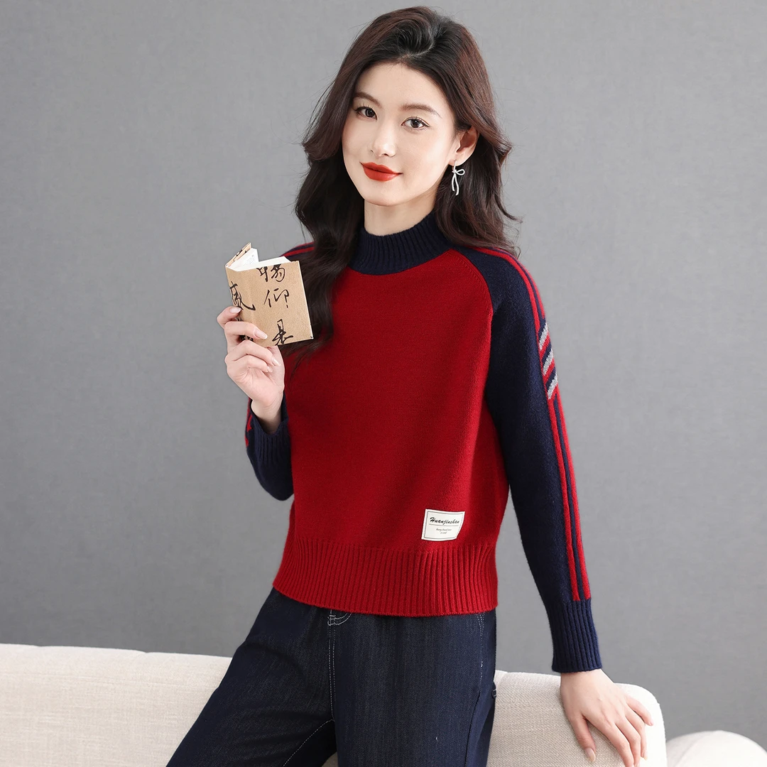 红色短款半高领毛衣女冬季2025新款内搭上衣高腰小款针织打底衫